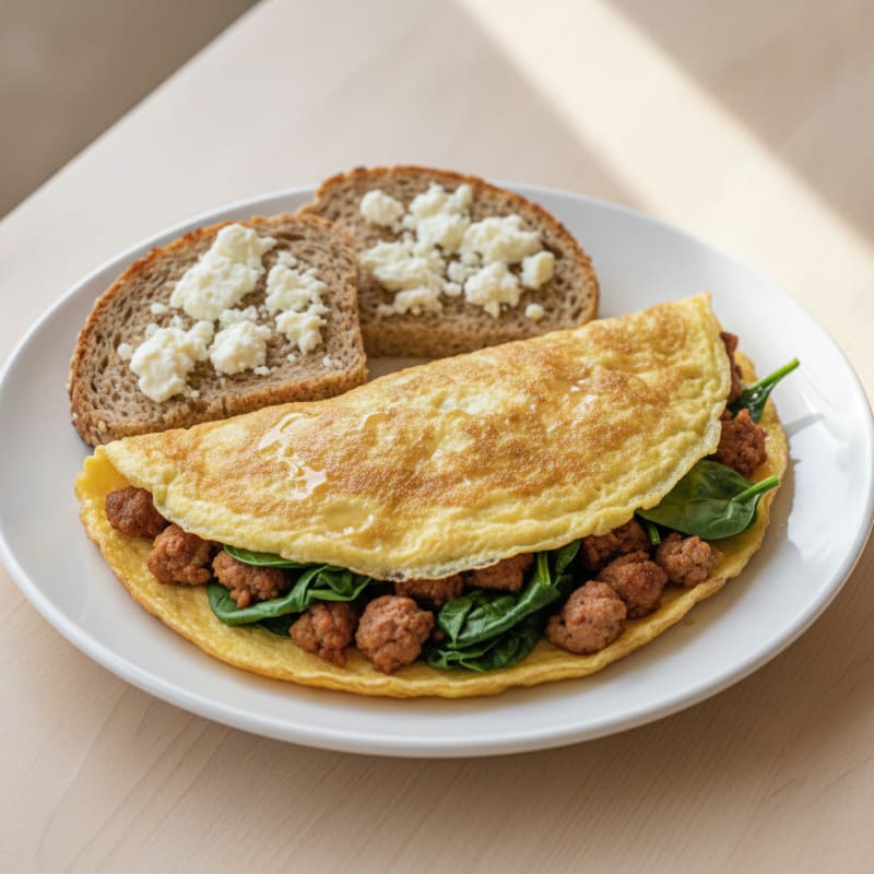 Crispy Egg White Omelette with Turkey Sausage and Spinach
