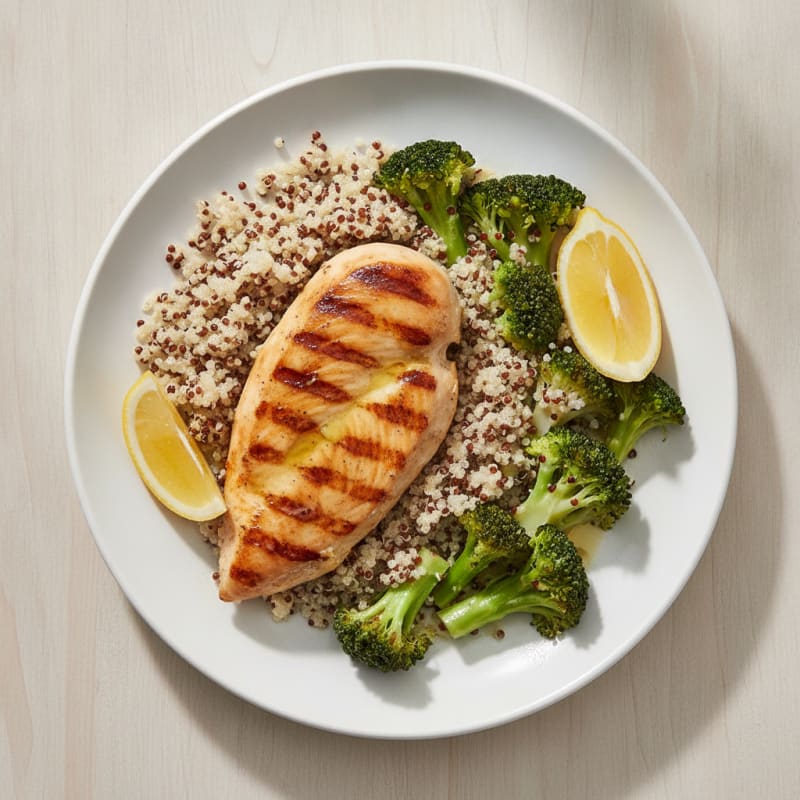Grilled Chicken Breast with Steamed Broccoli and Quinoa