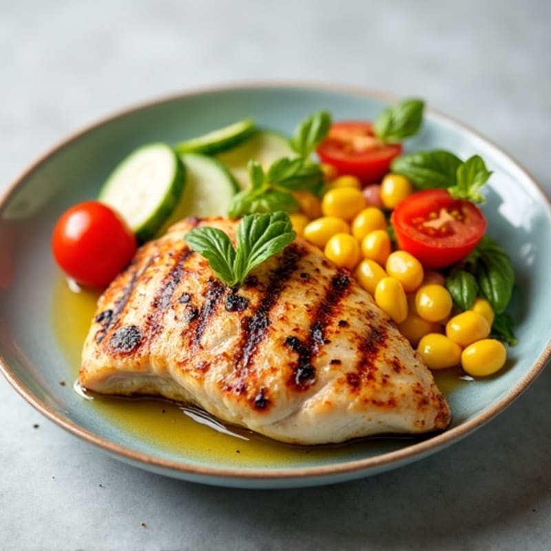 Grilled Chicken Breast with Roasted Corn and Vegetable Salad