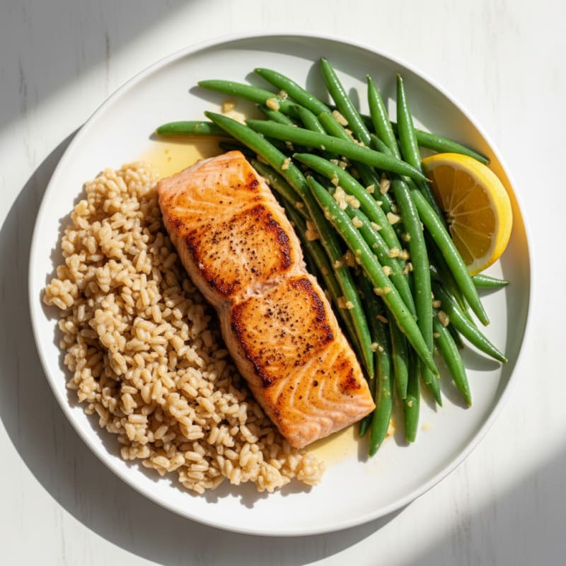 Seared Salmon with Lemon Garlic Green Beans and Brown Rice