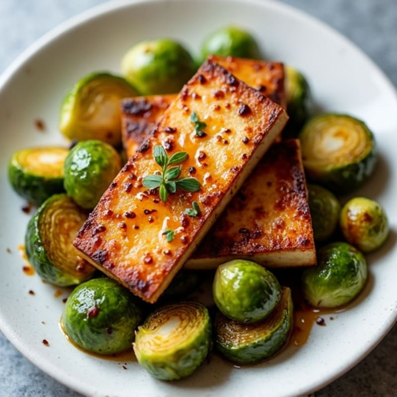 Garlic-Soy Glazed Tofu with Crispy Roasted Brussels Sprouts