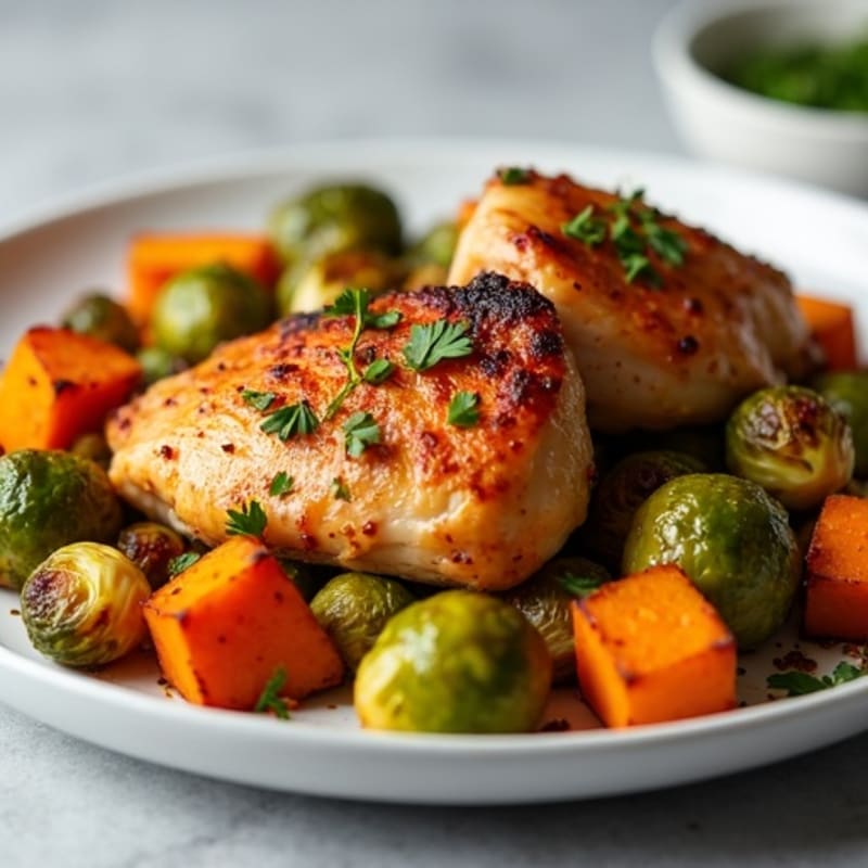 Hearty Roasted Chicken Thighs with Crispy Brussels Sprouts and Sweet Potatoes