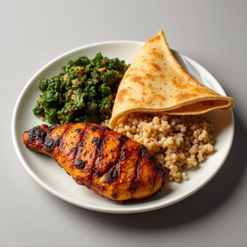 Grilled Jerk Chicken Breast with Steamed Callaloo, Brown Rice & Roti