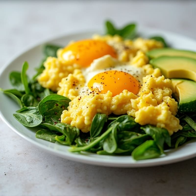 Fluffy Scrambled Eggs with Fresh Spinach and Creamy Avocado