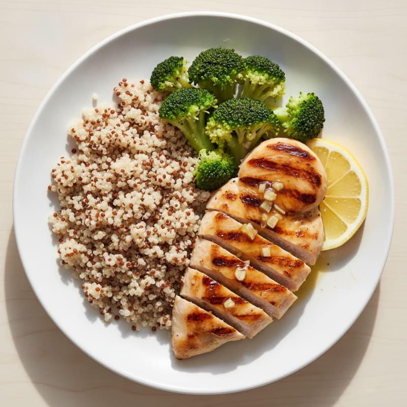 Grilled Lemon-Garlic Chicken Breast with Quinoa and Steamed Broccoli