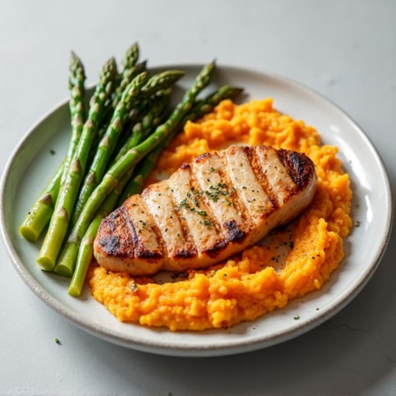 Seared Turkey Breast with Steamed Asparagus and Sweet Potato Mash