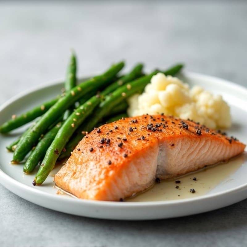 Seared Salmon with Steamed Green Beans and Mashed Cauliflower