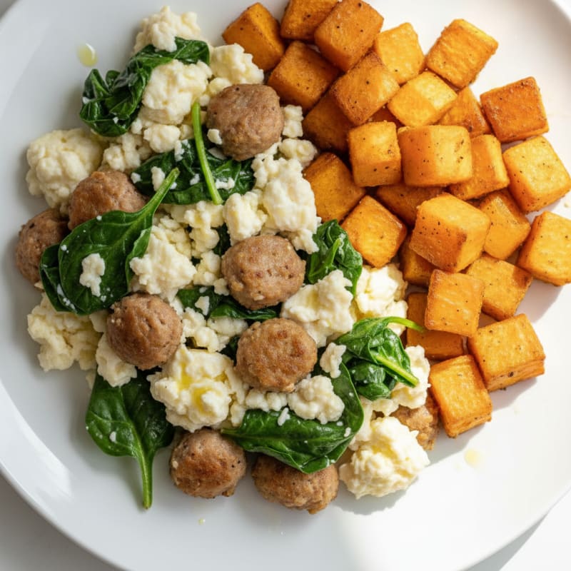 Egg White and Turkey Sausage Scramble with Spinach and Roasted Sweet Potato
