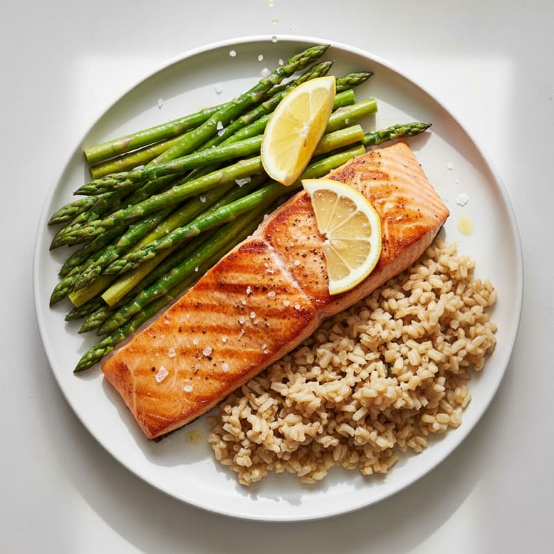 Seared Salmon with Steamed Asparagus and Brown Rice