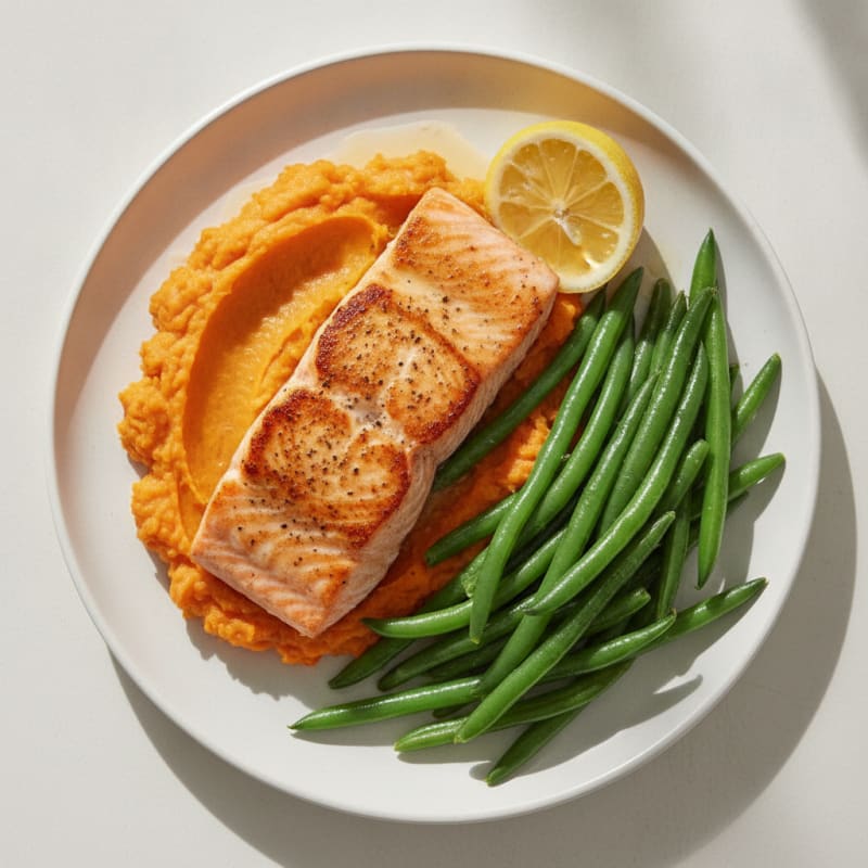 Seared Salmon with Steamed Green Beans and Sweet Potato Mash
