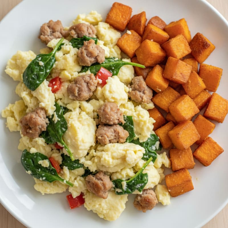 Egg White and Turkey Sausage Scramble with Roasted Sweet Potatoes
