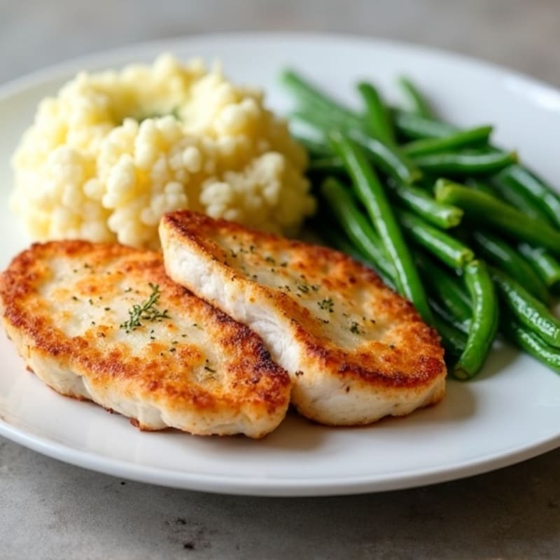 Seared Turkey Cutlets with Steamed Green Beans and Garlic Mashed Cauliflower