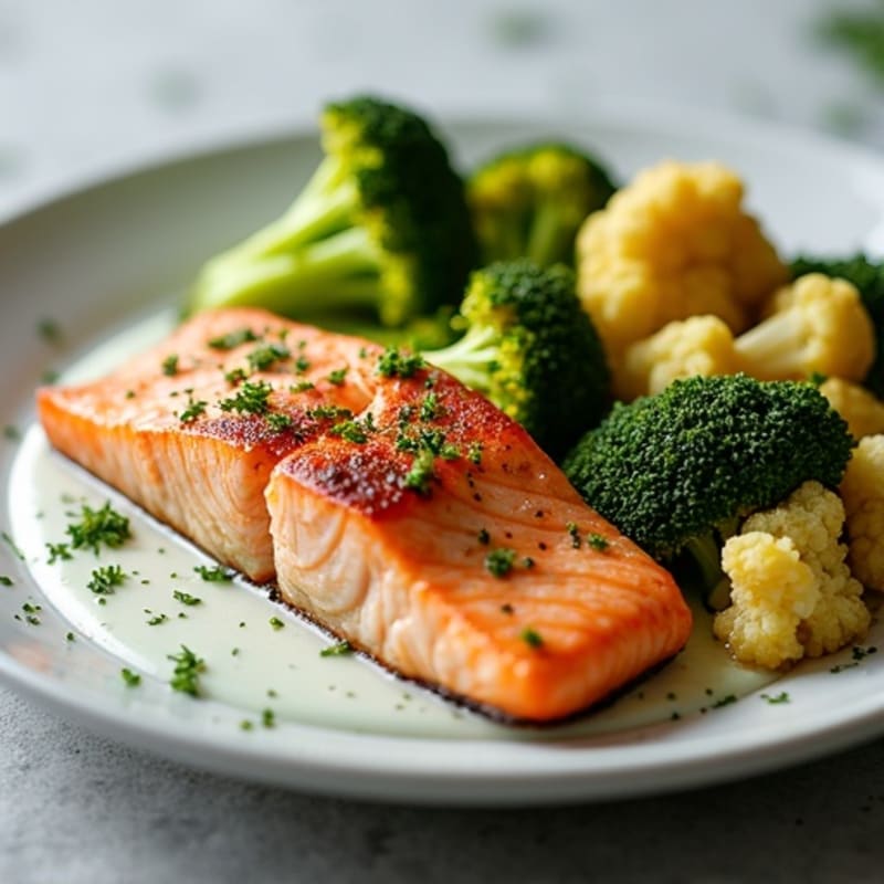 Seared Salmon Fillet with Roasted Broccoli and Cauliflower