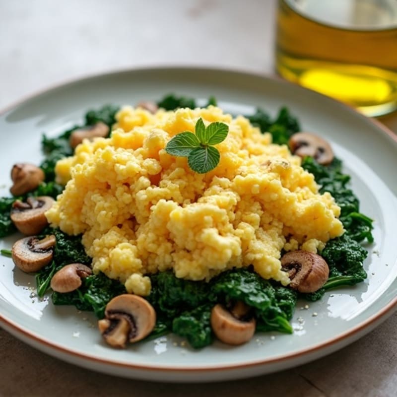 Fluffy Scrambled Eggs with Sautéed Spinach and Mushrooms