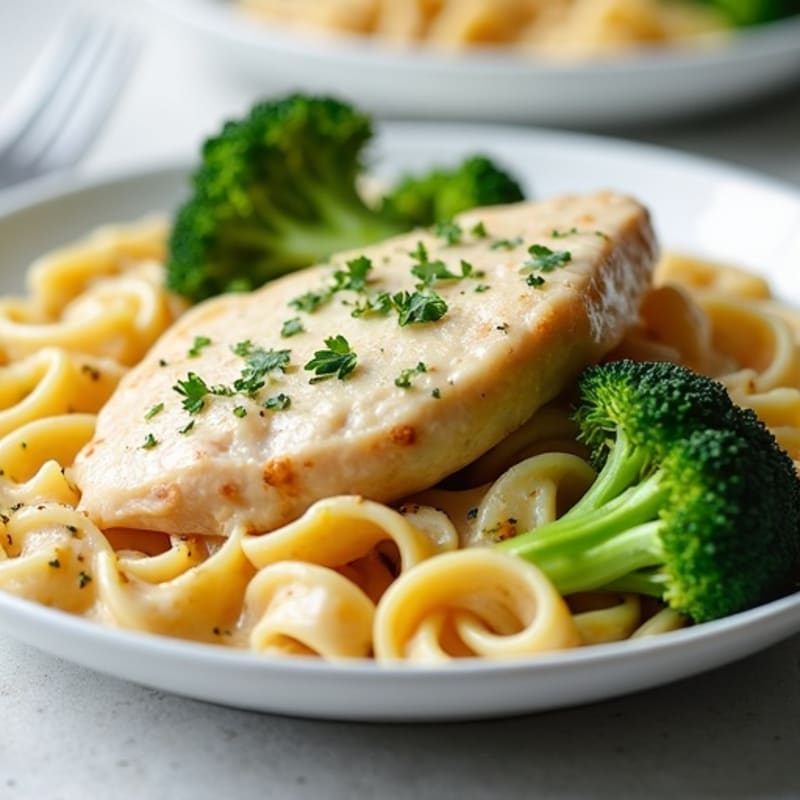 Healthy Creamy Chicken Alfredo with Roasted Broccoli