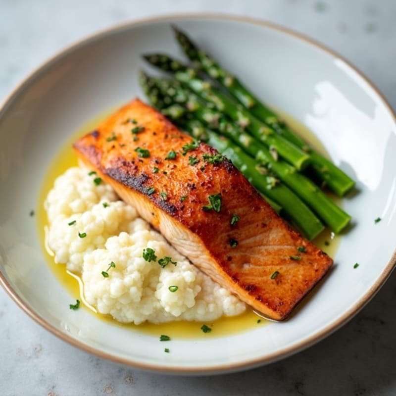 Seared Salmon with Steamed Asparagus and Cauliflower Mash