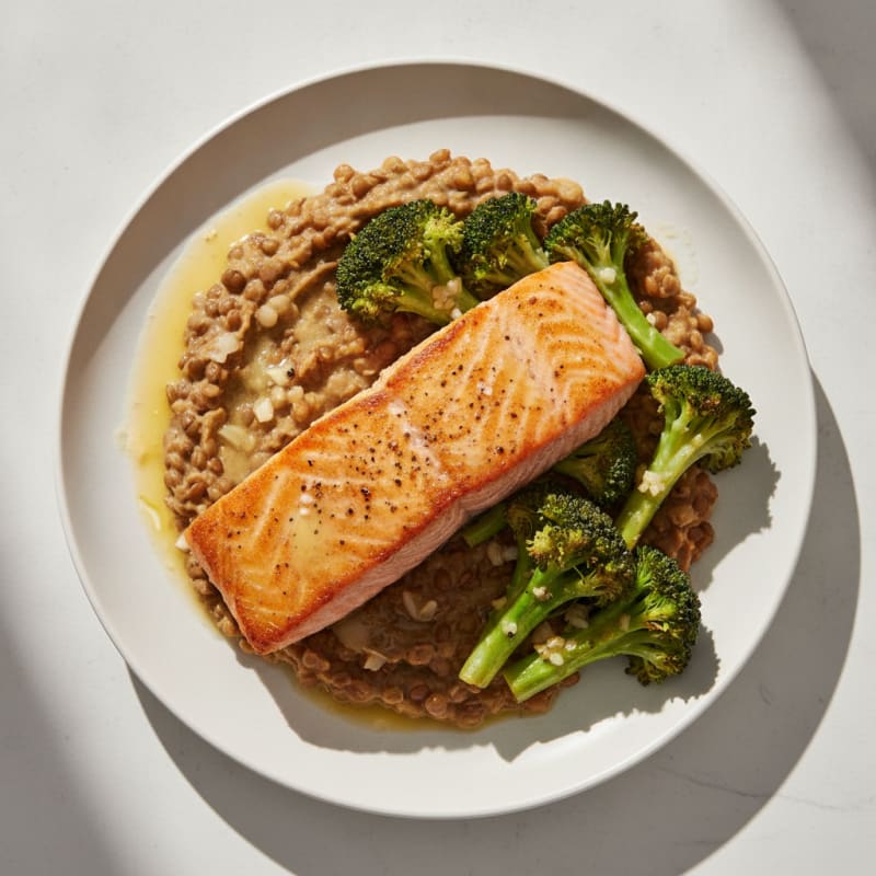 Seared Salmon with Lemon-Garlic Broccoli and Lentil Mash