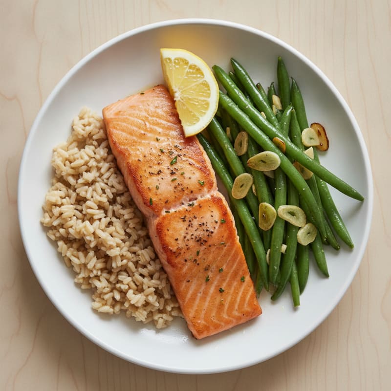 Seared Salmon Fillet with Garlic Green Beans and Brown Rice