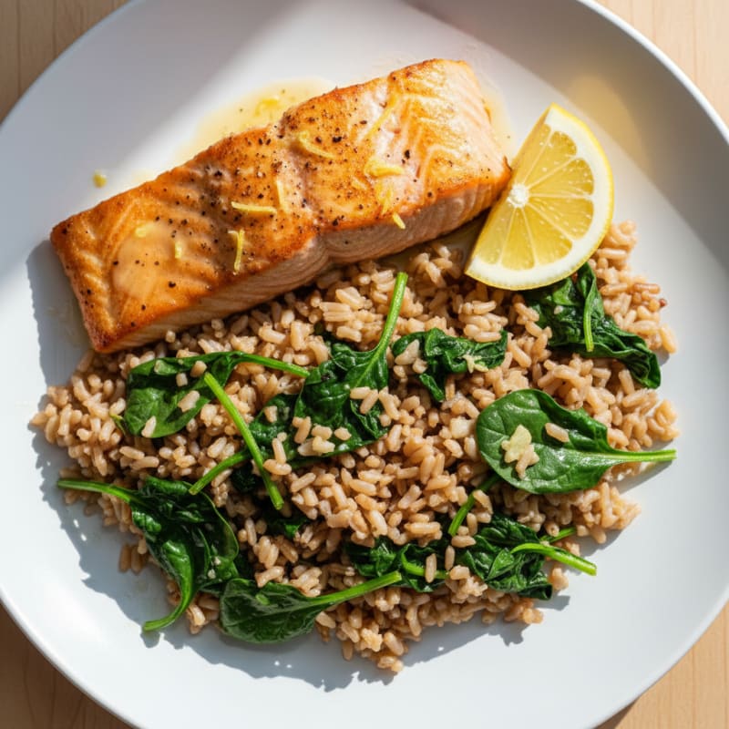Seared Salmon with Garlic Spinach and Brown Rice