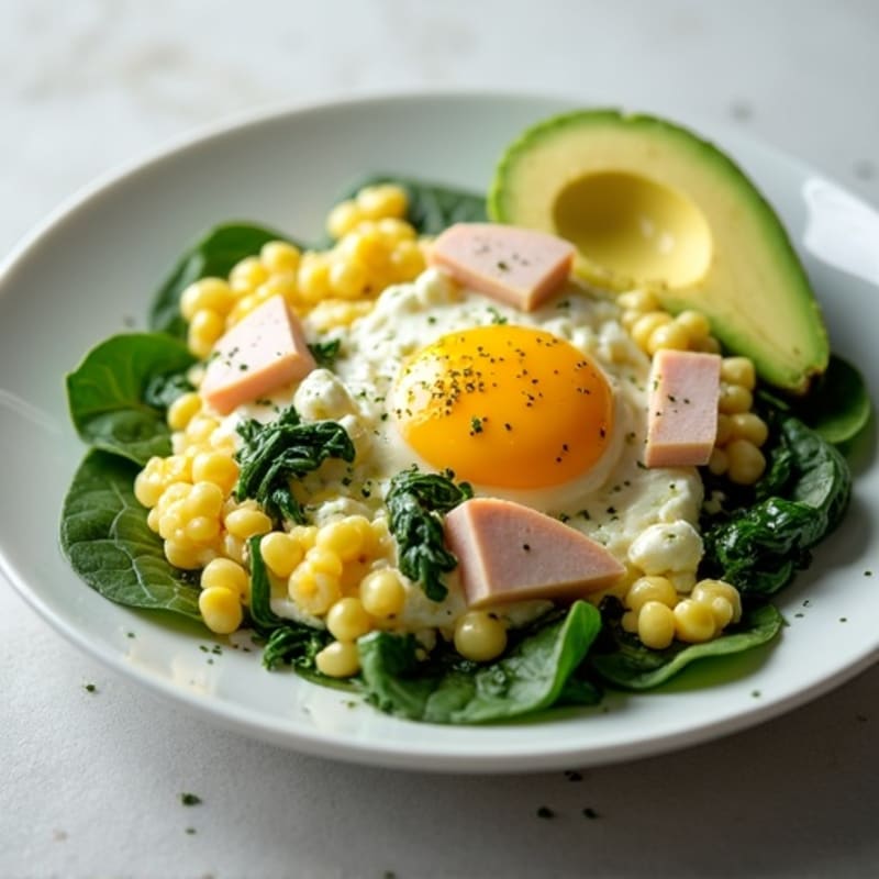 Egg White Spinach Scramble with Cottage Cheese and Sliced Turkey