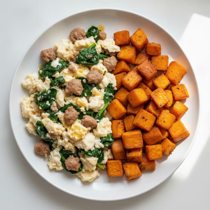 Egg White and Turkey Sausage Scramble with Spinach and Roasted Sweet Potato