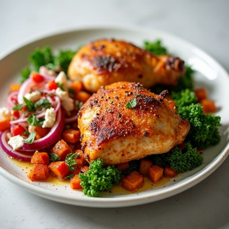 Crispy Chicken Thighs with Sweet Potato and Kale Hash and Tangy Apple Slaw