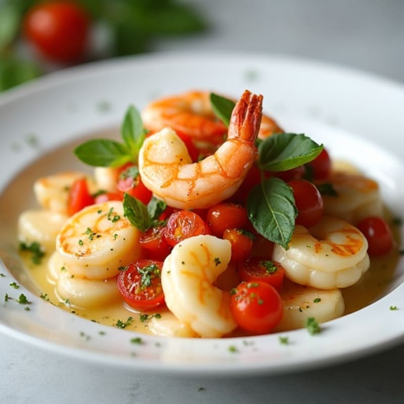 Soft Ricotta Gnocchi with Blistered Cherry Tomatoes, Fresh Basil, and Seared Shrimp