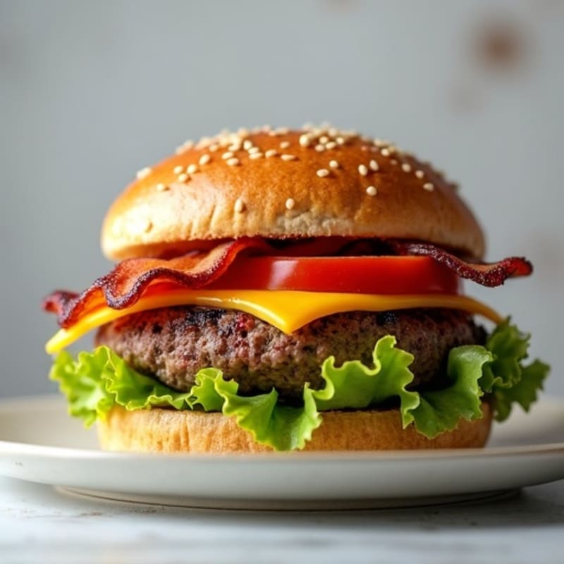 Lean Beef Burger with Crispy Turkey Bacon and Melted Cheddar