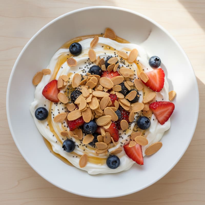 Silky Vanilla Protein Yogurt with Almonds and Berries