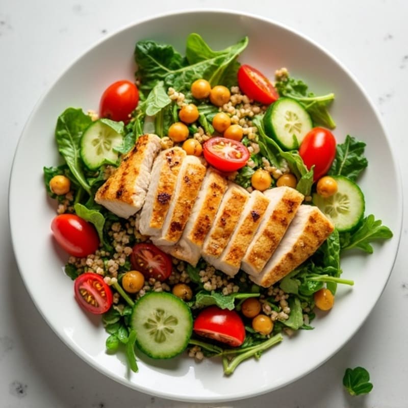 Grilled Chicken and Quinoa Salad with Crunchy Chickpeas and Lemon Vinaigrette