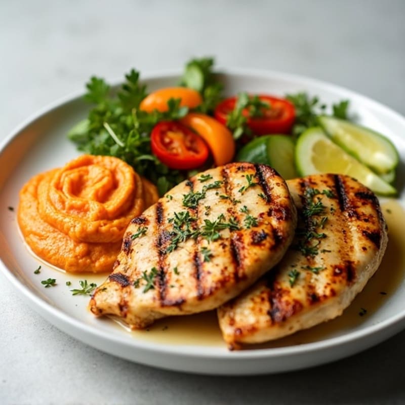 Grilled Lemon Herb Chicken with Fresh Vegetables and Creamy Roasted Red Pepper Hummus