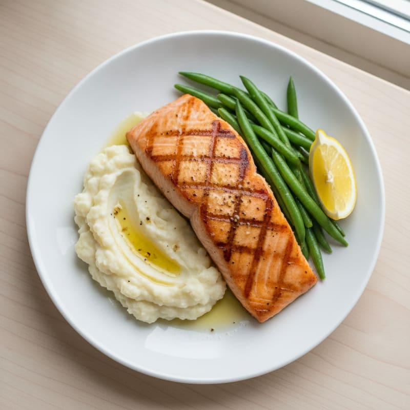 Seared Salmon with Steamed Green Beans and Garlic Mashed Cauliflower
