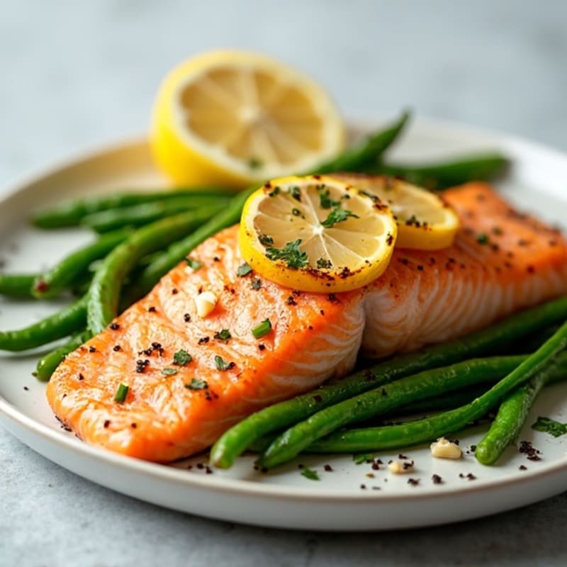 Lemon-Garlic Baked Salmon with Crispy Roasted Green Beans