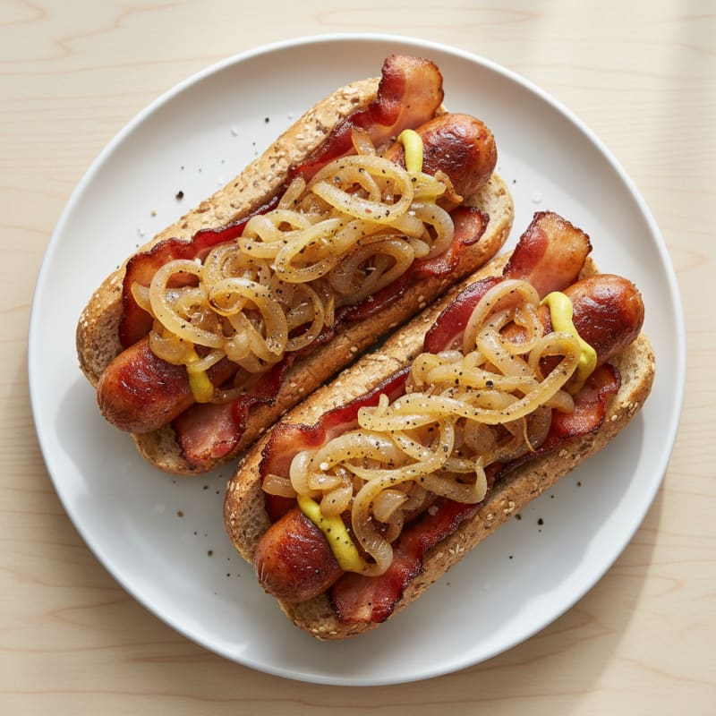 Bacon-Wrapped Hot Dogs with Caramelized Onions
