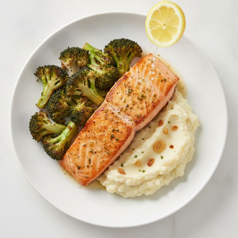 Seared Salmon with Roasted Broccoli and Garlic Mash
