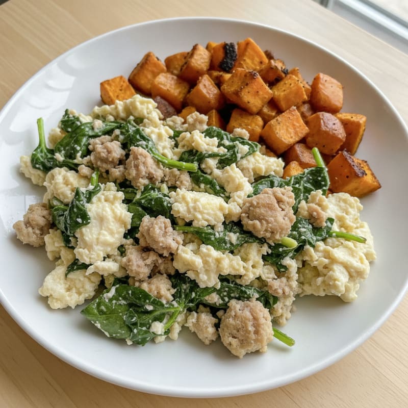 Egg White and Turkey Sausage Scramble with Spinach and Roasted Sweet Potato