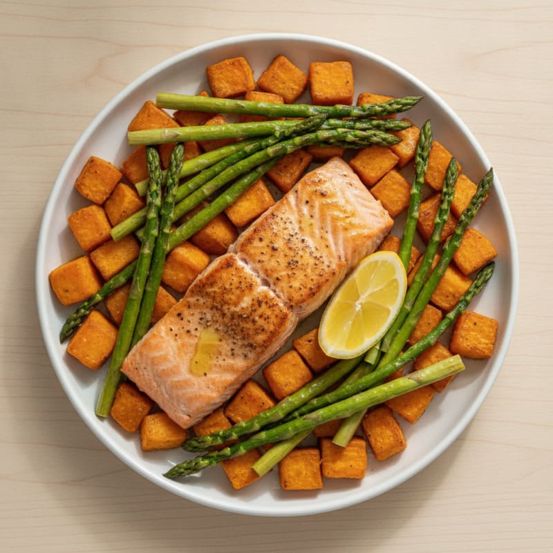 Seared Salmon with Roasted Sweet Potatoes and Asparagus