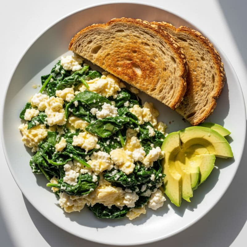 Scrambled Eggs with Cottage Cheese and Sautéed Spinach