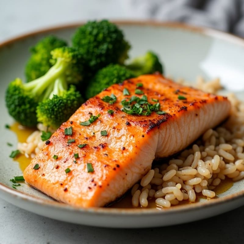 Seared Salmon Fillet with Steamed Broccoli and Brown Rice