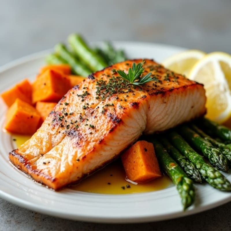 Seared Salmon Fillet with Roasted Sweet Potato and Asparagus