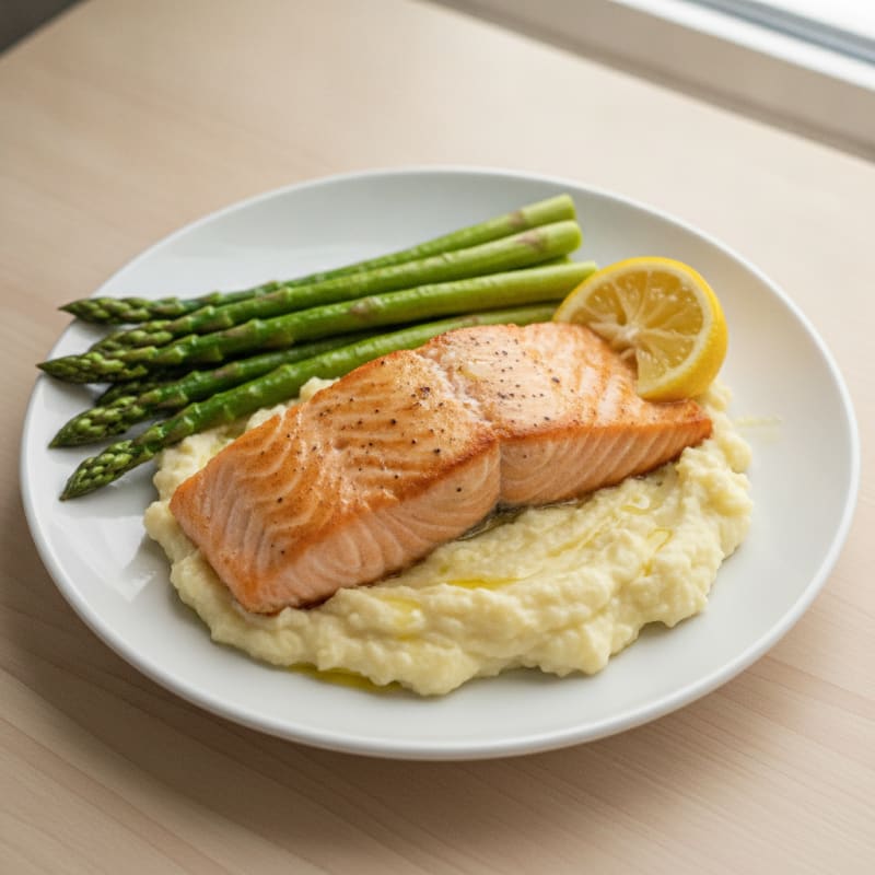Seared Salmon with Steamed Asparagus and Garlic Cauliflower Mash