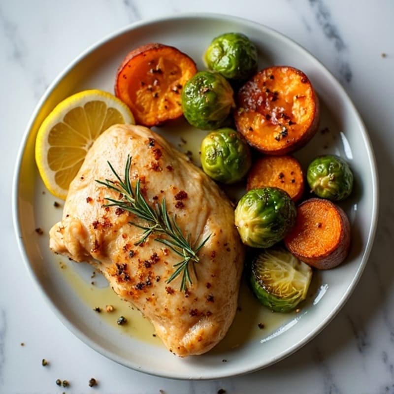 Lemon-Herb Roasted Chicken with Crispy Brussels Sprouts and Sweet Potatoes