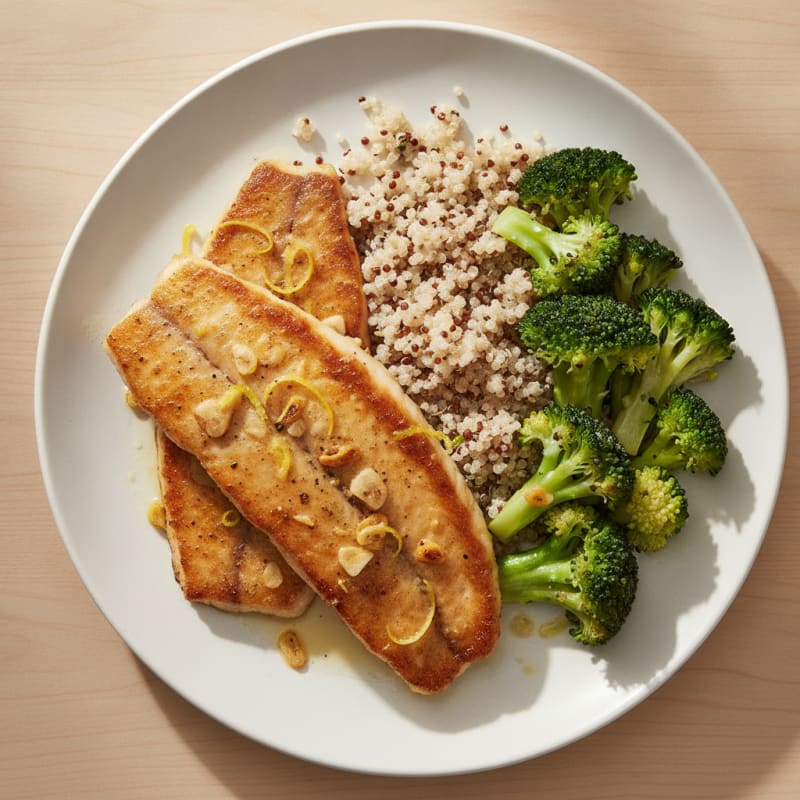 Seared Tilapia with Steamed Broccoli and Quinoa