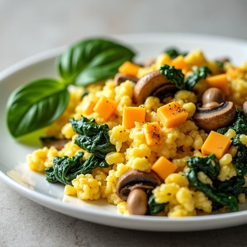 Fluffy Scrambled Eggs with Fresh Spinach and Mushrooms