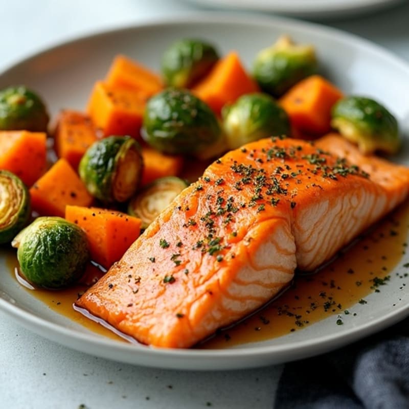Sheet Pan Maple-Glazed Salmon with Roasted Sweet Potatoes and Brussels Sprouts