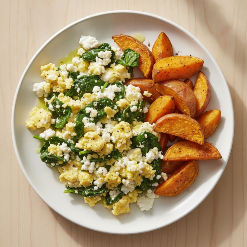 Cottage Cheese Egg Scramble with Spinach and Roasted Sweet Potatoes