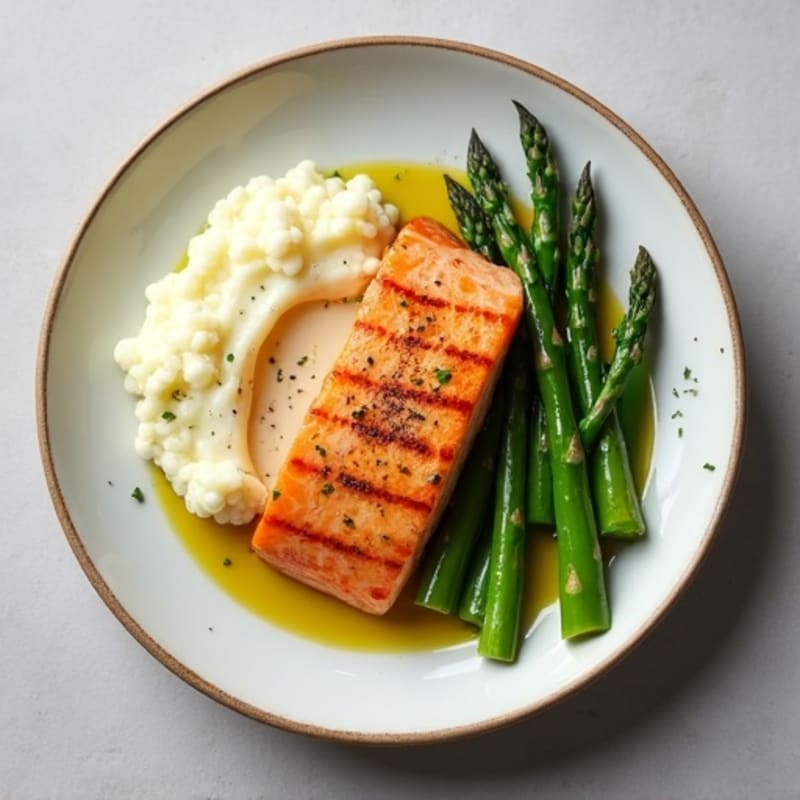 Seared Salmon with Steamed Asparagus and Cauliflower Mash