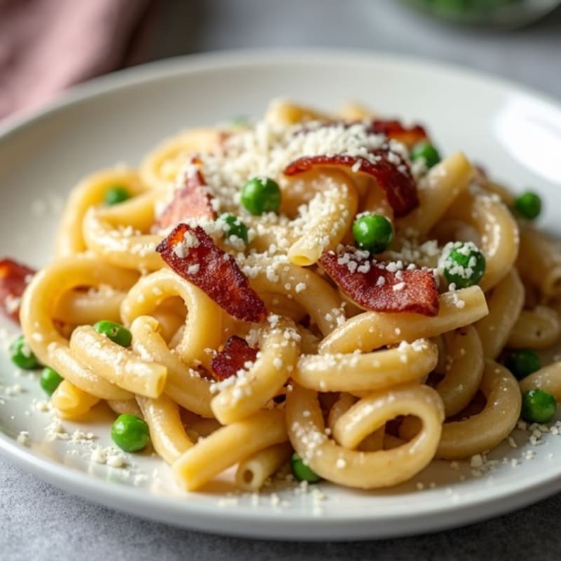 Creamy Whole Wheat Pasta with Lean Turkey Bacon and Peas