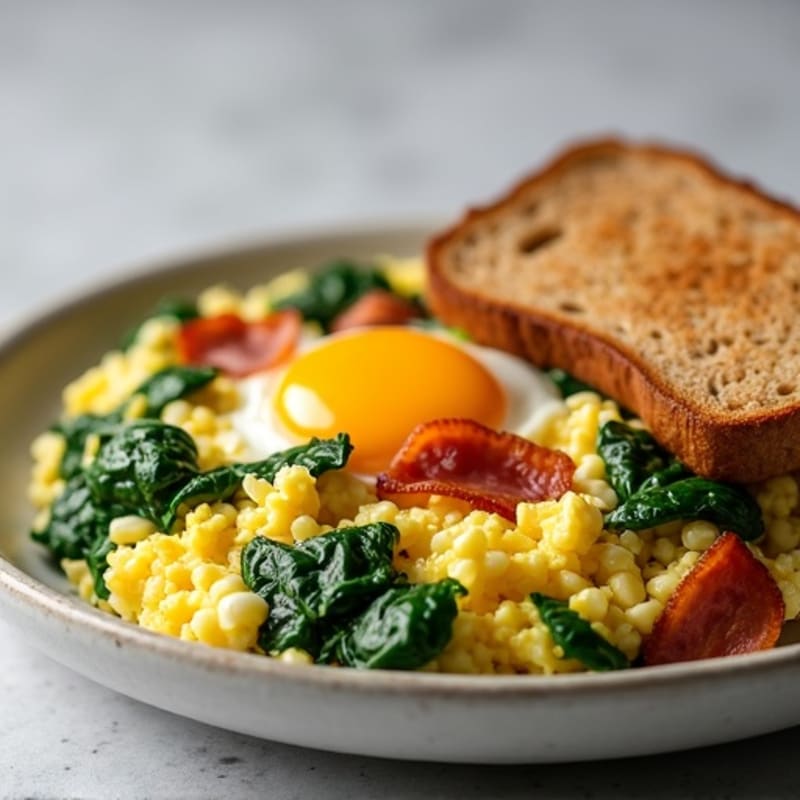 Cottage Cheese Egg Scramble with Spinach and Turkey Bacon