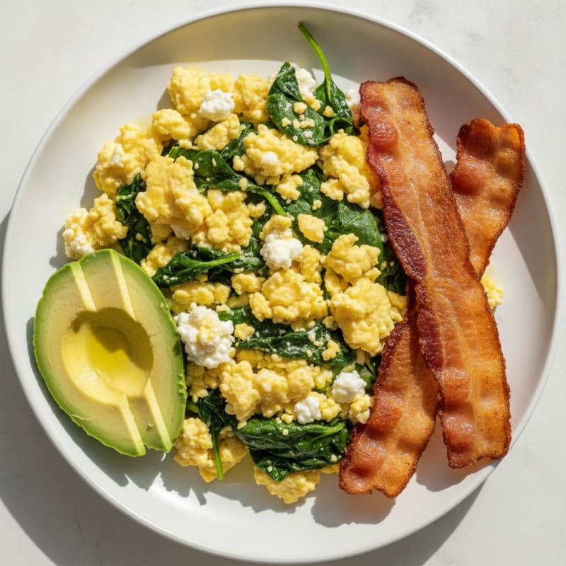 Cottage Cheese Egg Scramble with Spinach and Turkey Bacon